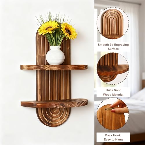 Artilady 2 Pack Shelf Wall Decor Boho Wood Floating Shelves 2 Tier Plant Holder Trinket Storage Rack Rainbow Hanging Decor for Home Bedroom Living Room Office Nursery - color: 2 Dark Brown