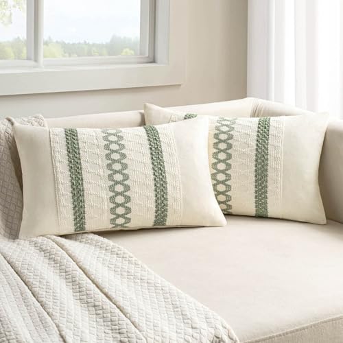 MIULEE Set of 2 Sage Green Boho Decorative Lumbar Pillow Covers 12x20 Inch Farmhouse Rustic Couch Throw Pillows Modern Summer Cushion Covers Retro Cute Macrame Woven Spring Decor for Bed Sofa Chair - color: Sage Green, size: 20" x 12" (Pack of 2)