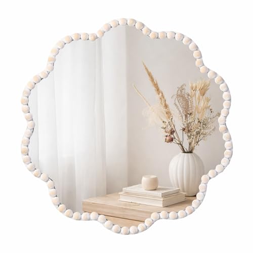 15inch Small Boho Beaded Flower Mirror for Wall Decor, Cute Decorative Hanging Wooden Circle Nursery Mirrors for Girl Room, Bedroom, Livingroom - color: Flower