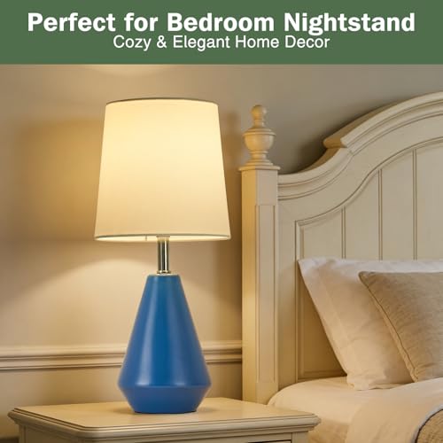 Small Bedside Table Lamp for Bedroom - Reading Desk Lamp with 3 Color Temperatures，15.5" Nightstand Ceramic Lamp with Fabric Shade for Kids Room,Living Room,Dorm,Home Office (Blue+White) - color: Blue+White, size: 15.5"