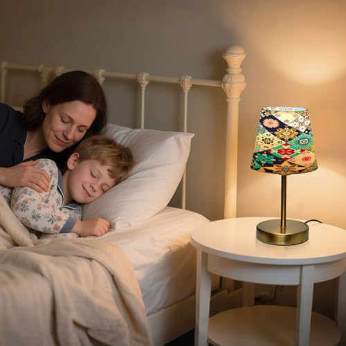 Kigai Ethnic Bohemian Style Table Lamp for Living Room Bedroom, Bedside Table Lamp Nightstand in 3 Lighting Modes with Fabric Shade & Bronze Base, M - size: M - 7.9x12.6 in