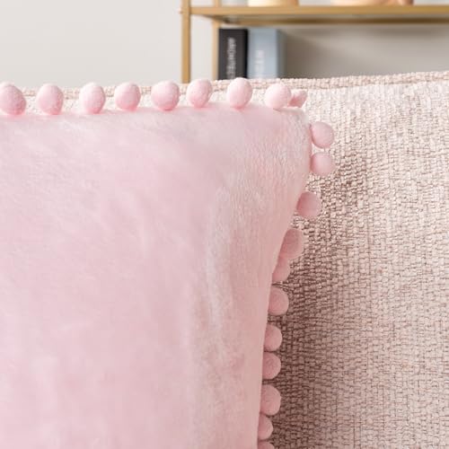 PAVILIA Light Pink Throw Pillow Covers with Pom Pom 18x18 Set of 2, Decorative Pillow Cases for Bedroom Aesthetic, Small Throw Pillows Set for Bed, Velvet Euro Plush Cushion Covers for Sofa Couch - color: Light Pink, size: 18" x 18" (Pack of 2)