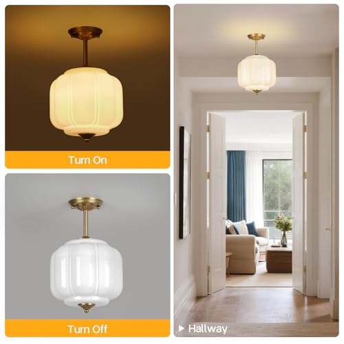 9.4" Milk Glass Semi Flush Mount Ceiling Light Fixture, Vintage Gold Ceiling Lamp for Hallway, Kitchen, Bedroom, Entryway, Antique Mid Century Lighting with Scallop Shade for Small Rooms - color: Milk White D