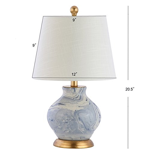 JONATHAN Y 20.5" Blue/White Marbleized Ceramic Table Lamp, Contemporary Traditional Bedside Lamp for Living Room, Gold Accents, White Linen Empire Shade, LED Bulb Included JYL3007A