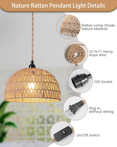 Rattan Hanging Lamp,Boho Pendant Lights,Plug in Cord Hanging Rattan Light,Plug Into Wall Outlet Pendant Light Fixture On/Off Switch for Living,Dinner Room,Bedroom,Kitchen,for E26,without Bulb - size: 11.81'' x 6.49''