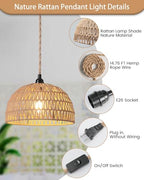 Rattan Hanging Lamp,Boho Pendant Lights,Plug in Cord Hanging Rattan Light,Plug Into Wall Outlet Pendant Light Fixture On/Off Switch for Living,Dinner Room,Bedroom,Kitchen,for E26,without Bulb - size: 11.81'' x 6.49''