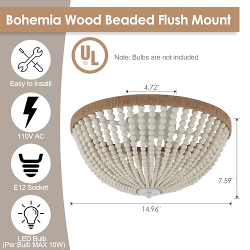 Dia 14.96" Boho Flush Mount Light Fixture Wood Bead, Farmhouse Chandelier, Antique Rustic Ceiling Light Fixture for Kitchen Hallway Entryway Laundry Bedroom Nursery Passway