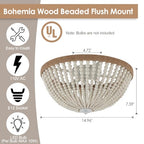 Dia 14.96" Boho Flush Mount Light Fixture Wood Bead, Farmhouse Chandelier, Antique Rustic Ceiling Light Fixture for Kitchen Hallway Entryway Laundry Bedroom Nursery Passway