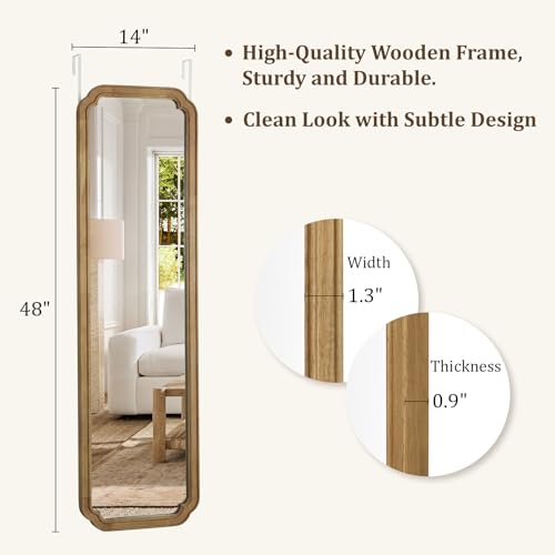 WallBeyond 48" x 14" Full Length Door Mirror with Rustic Rounded Corner Wood Frame, Over the Door Hanging Mirror for Bedroom, Closet, Dressing Area and Entryway, Natural - color: Natural a, size: 48"L x 14"W