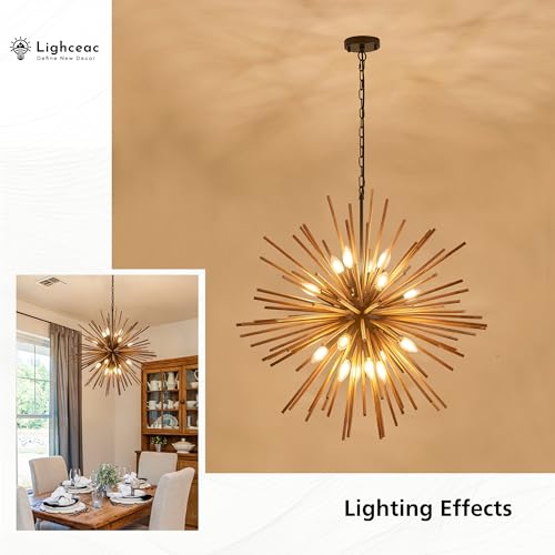 31.3" Farmhouse Sputnik Chandelier for Dining Room Rustic Handmade Natural Wood 16-Light Hanging Ceiling Pendant Light Fixture Starburst Wood Chandeliers for Kitchen Bedroom Foyer Hallway - size: Diameter 31.3", 16-Light