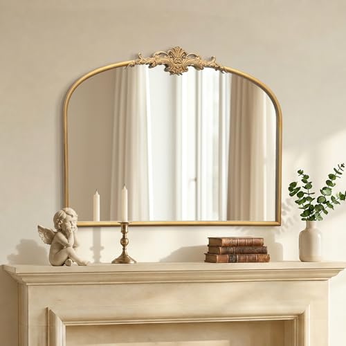 Besdomus Antique Arched Gold Mirror: 32"x24" French Large Gleaming Gold Antique Wall Mirror - Baroque Traditional Ornate for Fireplace/Bathroom/Bedroom - Ideal Gifts for Housewarming/Birthday - color: Gleaming Gold, size: 24"L x 32"W