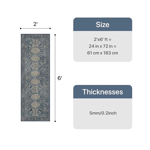 Bavni Washable Runner Rug 2x6, Non Slip Hallway Rug, Vintage Aesthetic Thin Low Pile Washable Carpet for Kitchen Bedroom Entryway, Blue - color: Blue, size: 2' x 6' (Rectangular)