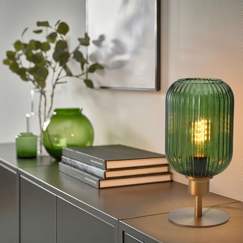 Mid Century Glass Table Lamp,Dimmable Desk Lamp,LED Bulb Included,Timer Build-In,Green Ribbed Glass - color: Green Ribbed, size: Timer