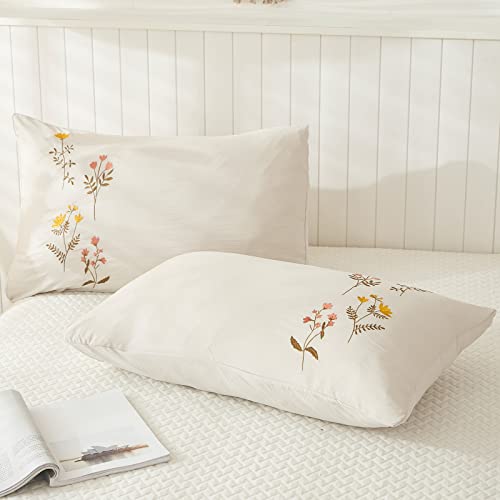 Flower Pillowcases, Cream Pillow Cases Set of 2, 100% Washed Microfiber, Boho Chic Farmhosue Embroidered Flower Pillow Cover, 2 Pack (Queen, Beige Flower) - color: Beige-01, size: Queen, 20" x 30" (Pack of 2)