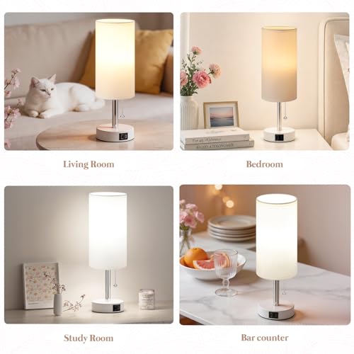 Dicoool Small Bedside Table lamp for Bedroom - 3 Color Modes, Desk Lamp with USB-C and USB-A Charging Ports, Pull Chain, Nightstand Light for Office, Kids Room, Dorm Lamp - color: White-White