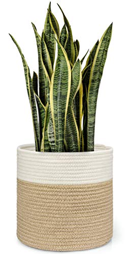 Dahey Jute Spliced Cotton Rope Plant Basket Modern Woven Storage Basket for 10.5" Floor Indoor Planter, Decorative Flower Pots Cover Laundry Bin with Handle Rustic Home Decor, White and Beige - color: White and Beige, size: 10.5"W × 10.8"H