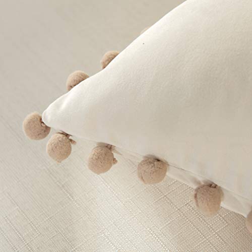 Elegant Comfort POM-POMS Fringe Velvet Cushion Covers Set of 2, Velvet Soft Solid Decorative Square Throw Pillow Covers Set Cushion Case for Couch Bed, Livingroom 20 x 20 Inch (50 x 50 cm), Cream - color: Cream, size: 20" x 20" (Pack of 2)