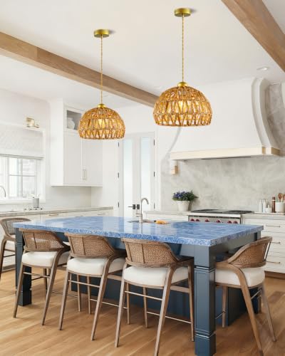 Rattan Pendant Light Fixtures, 9.8” Boho Woven Basket Pendant Light, Handmade Wicker Hanging Lamp, Rustic Wicker Chandelier for Kitchen Island, Dining Room, Living Room, Bedroom, E26 Base - color: 9.84″-Round