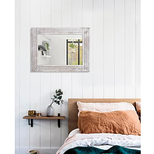Mirrors for Wall Rustic Wooden Frame Rectangle Mirror Vintage Hanging Mirror for Bedroom Bathroom Living Room Farmhouse Wall Decor White Large 20" x 16 " - color: Rustic White, size: 20"L x 16"W