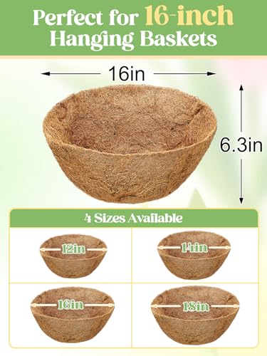 4Pcs 16inch Coconut Liners for Hanging Baskets Planters - Made of 100% Natural Coco Coir Fiber, Thick Breathable Round Liner for Outdoor Porch Garden Flower - size: 16in