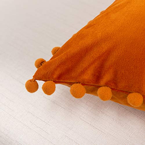 Elegant Comfort POM-POMS Fringe Velvet Cushion Covers Set of 2, Velvet Soft Solid Decorative Square Throw Pillow Covers Set Cushion Case for Couch Bed, Livingroom 18 x 18 Inch (45 x 45 cm), Orange - color: Orange, size: 18" x 18" (Pack of 2)