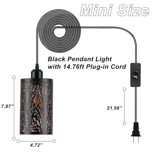 Industrial Black Plug in Pendant Light Vintage Mini Black Gold Hanging Lighting Rustic Hollow-Carved Cylinder Plug-in Pendant Light for Kitchen Island, Bedroom, Dining Room, Hallway - color: Black & Gold Plug-in