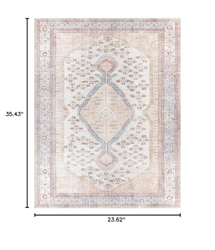 Hauteloom Stella Boho Vintage Small Area Rug - Farmhouse Traditional Medallion Carpet for Living Room, Bedroom - Machine Washable - Tan, Pink, Peach, Sage, Blue, Cream - 2' x 2'11" - color: Aqua, Black, Blush / Moora, size: 1'11" x 2'11" (Rectangular)