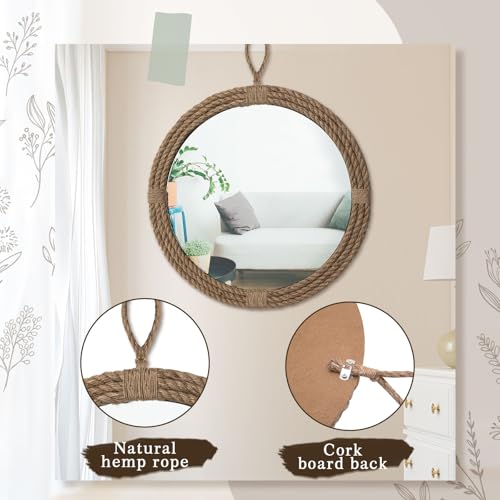 Vercraft Nautical Mirror 24 Wall Decor with Rope Wrapped Trim and Hanging Loop Round Circle Coastal Boho Mirror Nautical Rustic Decorative for The Living Room, Bedroom Bathroom and Entryway - color: Brown, size: 24"L x 24"W, style: Vintage