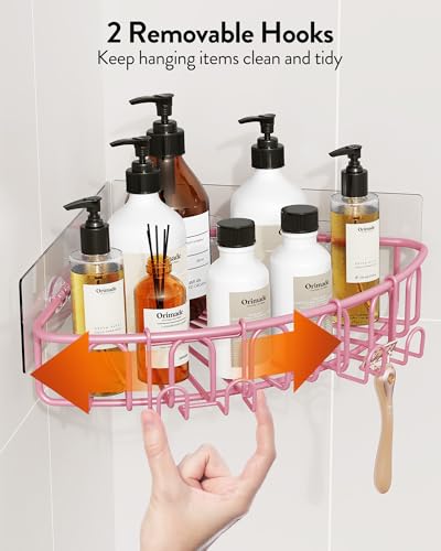 Orimade Corner Shower Caddy with 2 Hooks Wall Mounted Metal Bathroom Shelf Storage Organizer Adhesive No Drilling 2 Pack, Pink Only for 90-Degree Corner - color: Pink
