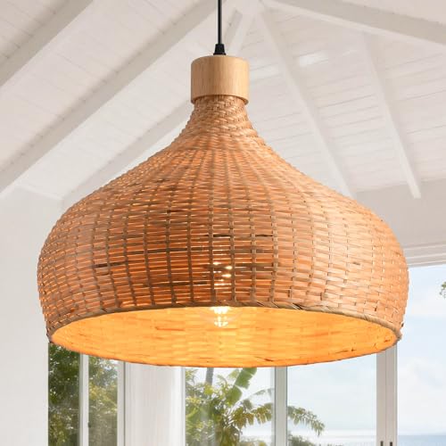 Bamboo Pendant Light, 18" Hand-Woven Rattan Hanging Light Fixture, Boho Wicker Chandelier with Adjustable Cord, Tropical Coastal Ceiling Lamp for Kitchen Island Dining Room Bedroom, E26 Base - color: D3034