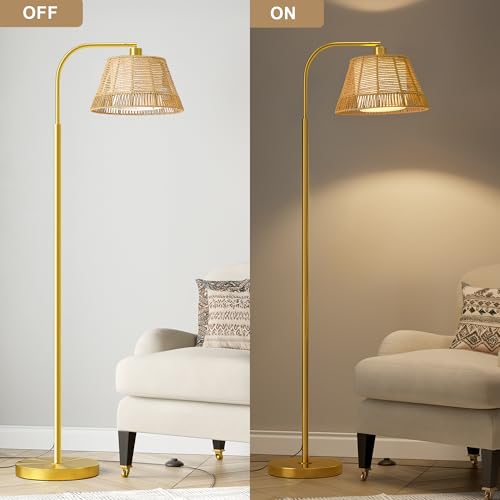 Oneach Arc Floor Lamp for Living Room with 3 Color Temperatures, Farmhouse Floor Lamps with Remote & Dimmable Bulb, Rattan Boho Floor Lamp with Hand-Woven Wicker & Fabric Shade - color: Modern Gold