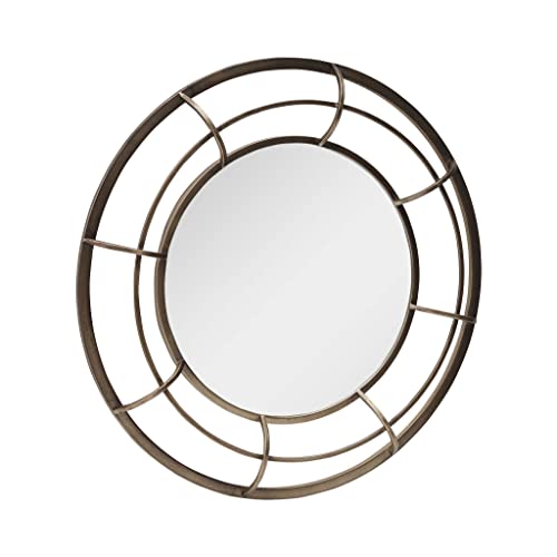 PARISLOFT 28" Geometric Metal Round Wall Mirror,Sunburst Mirror Wall Decor for Living Room,Antique Bronze
