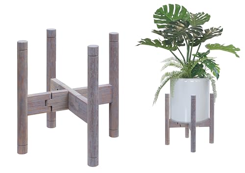 Adjustable Plant Stand, Antique Brush Grey (Pot & Plant Not Included) | Solid Acacia Wood, Stainless Steel Screws, Mid-Century Modern Indoor/Outdoor Planter Holder, - color: Antique Brush Grey