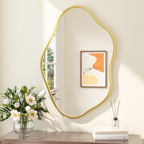 Keonjinn Gold Irregular Mirrors for Wall 24" x 36" Inch, Asymmetrical Metal Frame, Tempered Glass Decorative Mirror for Bathroom, Bedroom, Living Room, Entryway(Horizontal/Vertical) - color: Gold, size: 36"L x 24"W