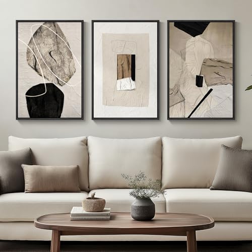 Framed Neutral Abstract Wall Art, Set of 3 Modern Canvas Prints Paintings Artwork for Walls, Minimalist Black and Beige Pictures for Living Room Hallway Stair Bedroom Office Wall Decor 16x24 Inch - color: Neutral, size: 16" W x 24" H x 3pcs