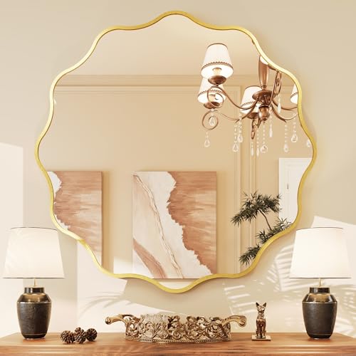 Kelly Miller 32 Inch Gold Round Wavy Mirror, Large Scalloped Edge Decorative Wall Mirror for Bathroom Bedroom Living Room Entryway Vanity Fireplace - size: 32"L x 32"W