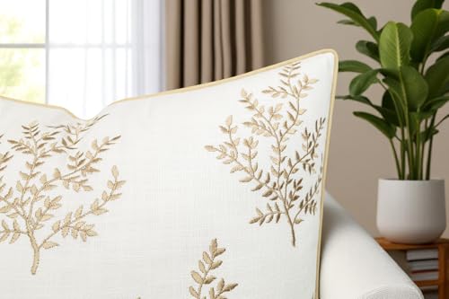 VAGMINE Embroidered Fern Botanical 18x18 Throw Pillow Cover - Ivory Cotton Square Cushion for Sofa Couch Bed - Cottagecore Farmhouse Home Decor - Leaves - color: Ivory-leaves, size: 18" x 18" (Pack of 1)