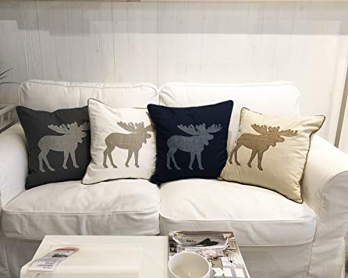Animal Cotton Throw Pillow Covers Moose Pattren Embroidered 18x18 Inches for Couch Cushions Covers (White) - color: Moose-white