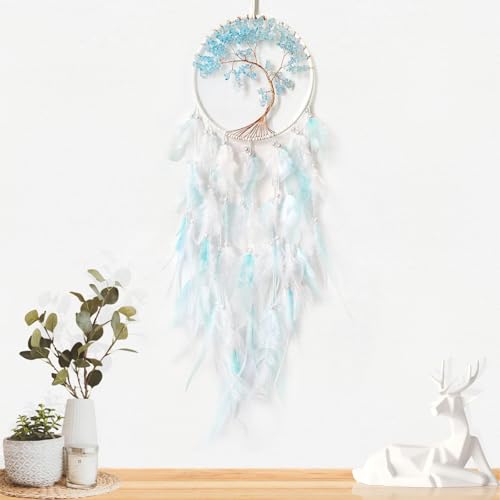 White and Cyan Dream Catcher with Tree of Life | Handmade, Wall Decor, Wall Hanging Ornament, Bedroom Living Room Home Decor