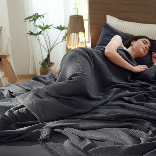 MooMee Muslin Blanket - 100% Cotton 4-Layer Gauze Throw Blanket with All-Around Fringe, Soft Breathable Lightweight Cooling Summer Blankets for Bed Couch (Dark Grey,Throw XL 50" x 70") - color: Dark Grey, size: Throw XL