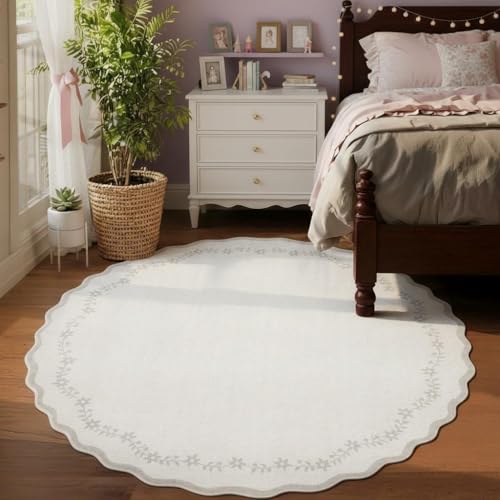 GarveeHome Round Area Rugs 4ft for Kids Room, Solid Beige Scalloped Washable Circle Rug Soft Non Slip Floral Print Floor Mat Carpet Indoor Thin Tent Rug for Bedroom Dining Room Playroom Nursery - color: Beige, size: 4' (Round)