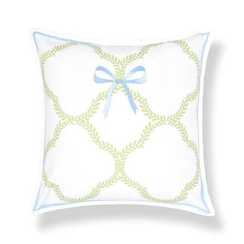 Hofdeco Premium Coastal Grandmillennial Patio Indoor Outdoor Throw Pillow Cover Only, 20"x20" Water Repellent for Backyard, Couch, Poolside, Grass Green Embroidered Ribbon Bow Tie on Leaves - color: Grass Green Ribbon Bow Tie on Leaves 20"x20"