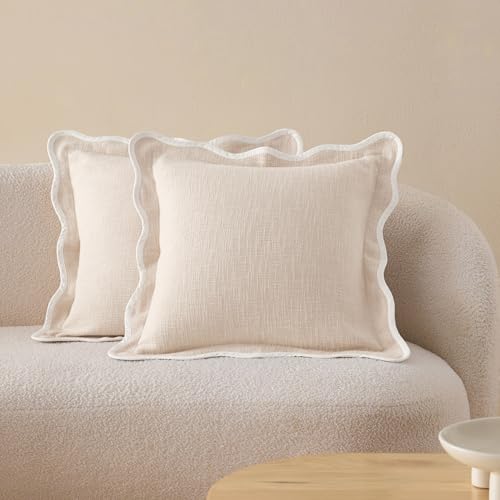 Double Stitch Scalloped Throw Pillow Covers - 100% Cotton Set of 2 Decorative Boho Pillow Covers 18 x 18, Made in India, Square Cushion Case, Modern Home Decor for Couch Sofa Living Room, Oat Milk - color: Oat Milk, size: 18" x 18" (Pack of 2)