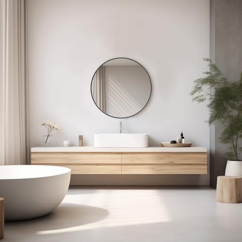NEWBULIG 20IN Round Bathroom Wall Mirror, Modern Vanity Mirrors for Over Sink, HD Glass Decorative for Entryway, Bedroom & Living Room, Anti-Rust, Tempered Glass, Hanging or Leaning, Black - color: Black, size: 20.2"L x 20.2"W