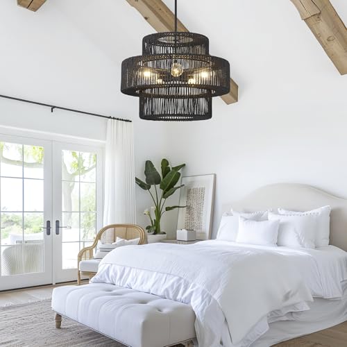 22" Black Boho Rattan Chandelier Light Fixture Hand Woven Farmhouse Pendant Lighting Rustic Boho Chandeliers for Dining Room Living Room Hallway Foyer 5 Lights - color: Black, size: 22 Inch