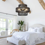 22" Black Boho Rattan Chandelier Light Fixture Hand Woven Farmhouse Pendant Lighting Rustic Boho Chandeliers for Dining Room Living Room Hallway Foyer 5 Lights - color: Black, size: 22 Inch