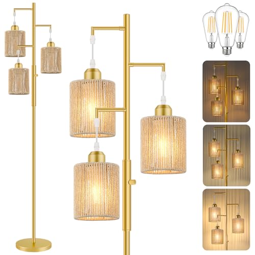 Hotsonic 72" Tall Boho Rattan Style Floor Lamp with Hand-Woven Paper Cord Shade, Dimmable Industrial Tree Standing Lamp for Living Room, Bedroom, Study Room, Office (3 x 800LM Bulbs Included) - Gold - color: Gold+Beige