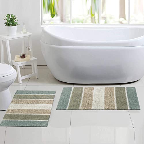 Chardin home Cordural Stripes Bath Mat, Set of 2 Bath Rugs (17 Inches x24 Inches & 21 Inches x34 Inches) | Non Slip Bathroom Rug, Machine Washable, Plush, Highly Absorbent | Bluish Gray- Beige - color: Gray-beige