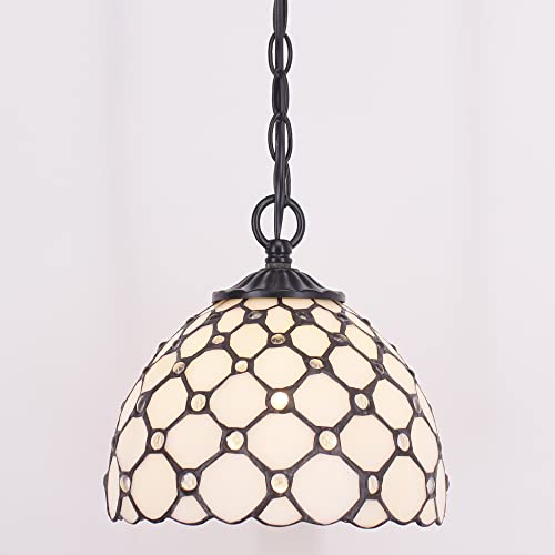 Small Tiffany Pendant Light 8 inch Tiffany Style Stained Glass Pendant Hanging Lamp Small Vintage Hanging Light Fixtures for Home Living Room Restaurant Hallway (White Amber Pearl Beads Style) - color: Cream Pearl Bead Style