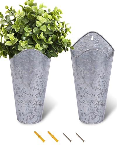 vensovo 12 Inches Galvanized Wall Planters - 2 Packs Metal Tin Vases for Flowers Indoors, Farmhouse Hanging Planter Tall Flower Holder for Country Decor Outdoors, Silver - color: Silver